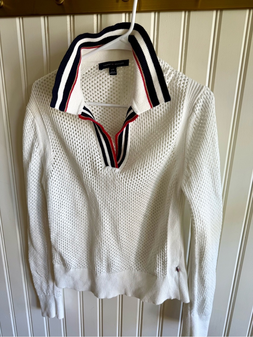 Tommy Hilfiger White Open Knit Polo Sweater with Red & Navy Stripe Collar